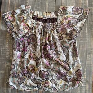 Women's Peasant Boho Blouse 2X Flutter Sleeves With Paisley Print
